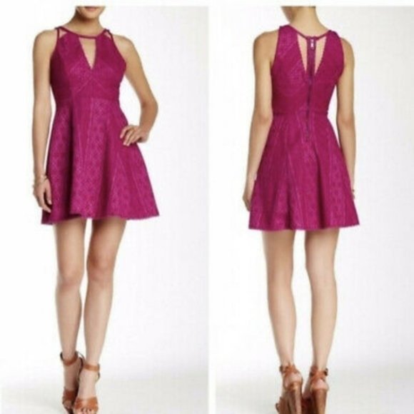FREE PEOPLE Miss Connections fuchsia cut out lace A-line flare mini party dress - Picture 1 of 11